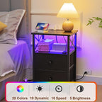 AMHANCIBLE Night Stand Set 2, LED Nightstand with Charging Station, End Tables Living Room with Fabric Drawers, Bedside Table for Bedroom, Black, HET052LBK
