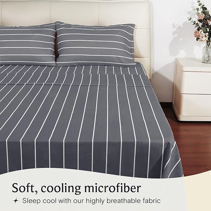 LuxClub 4 PC Cal King Size Sheet Set Bed Sheets, Breathable Luxury Deep Pockets Wrinkle Free Cooling Sheets Machine Washable Hotel Bedding (Cal King, Striped Light Grey)