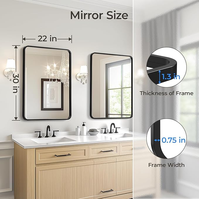 USHOWER 2-Pack Black Bathroom Mirrors Over Sink 22 x 30 Inch, Metal Frame Rectangle Mirror, Modern Farmhouse Vanity Mirror, Wall Mounted for Bedroom, Living Room, Entryway Remodel & Upgrade