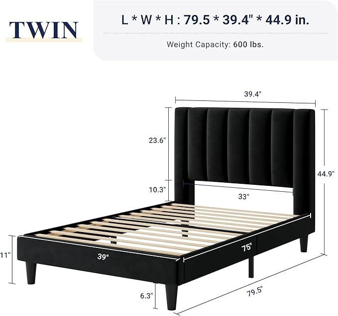 Allewie Twin Bed Frame/Velvet Upholstered Bed Frame with Vertical Channel Tufted Headboard/Strong Wooden Slats/Platform Bed Frame/Mattress Foundation/Box Spring Optional/Easy Assembly/Black