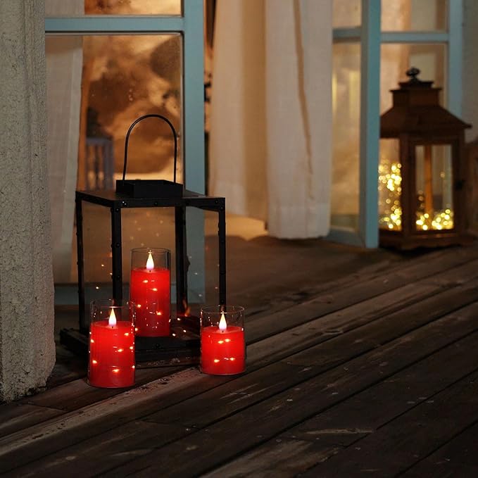 Homemory Flickering Flameless Candles with String Lights, Battery Operated Candles, Embedded String Lights LED Candles, Unbreakable Plexiglass Candle with Remote, Set of 3, Red