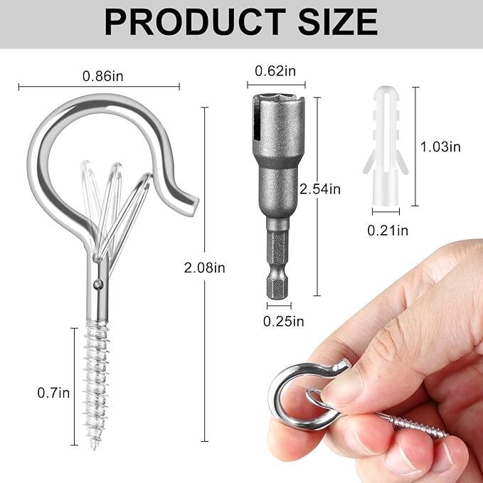 48 PCS Q-Hanger Hooks, Screw Hooks for Outdoor String Lights, Safety Buckle Design Cup Eye Hook for Hanging Christmas Lights, Plants, Mounted on Wall Ceiling, Include 1 Wing Nut Driver, Silver