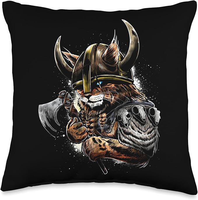 Viking Cat Scandinavian Norse Mythology Throw Pillow