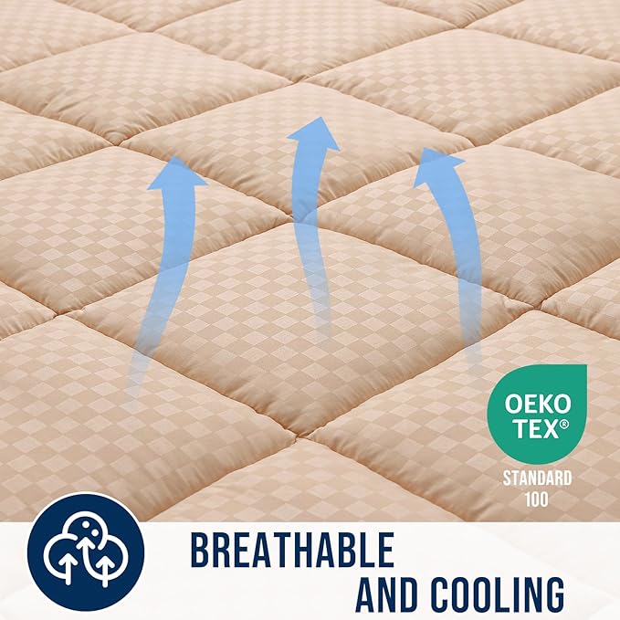 OLANLY Full Quilted Fitted Mattress Pad – Soft Pillow Top Mattress Topper, Down Alternative Fill, Cooling Comfort Breathable Mattress Cover, Machine Washable Deep Pocket Mattress Protector, Beige