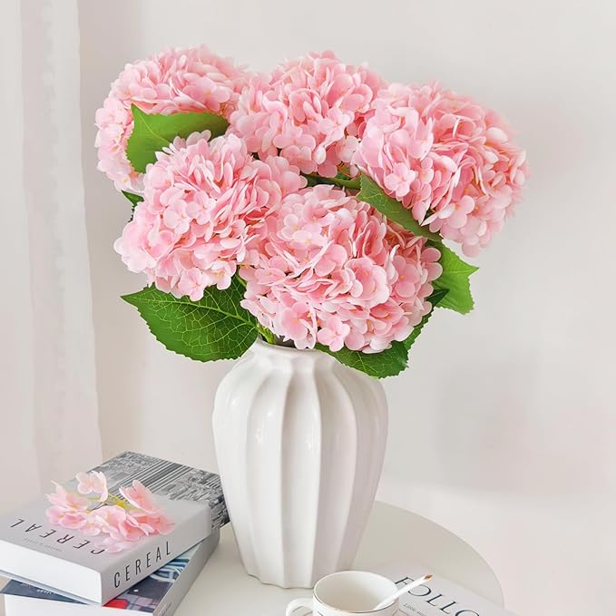 6 Pcs Real Touch Pink Hydrangea Artificial Flowers with Stems, Fake Silk Flowers for Outdoors, Artificial Flowers for Home Decor Wedding Bouquets Centerpieces Vase