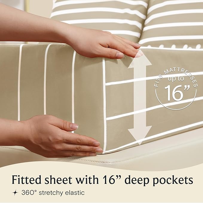 LuxClub 4 PC Full Size Sheet Set Bed Sheets, Breathable Luxury Deep Pockets Wrinkle Free Cooling Sheets Machine Washable Hotel Bedding (Full, Striped Cream)