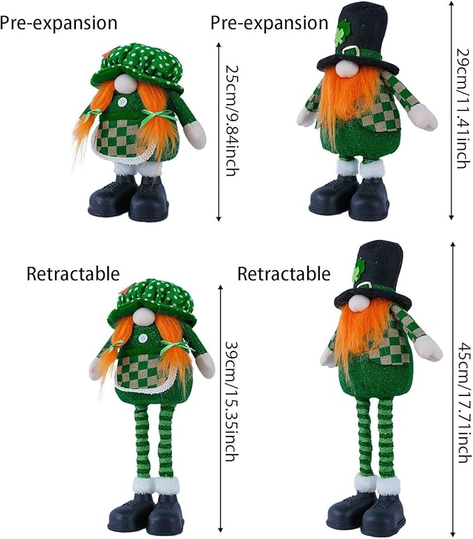 Standing St.Patrick's Day Gnome Plush Doll with Retractable Legs Nordic Scandinavian Swedish Dwarf Gnome Figurines Wearing Glitter Clothes & Black Boots Lucky Green Shamrock Irish Table Decor (B)