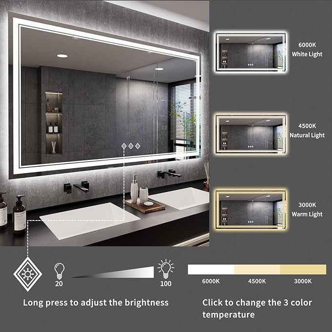 Bathroom Mirror, 72x40 Inch Gradient Front and Backlit Big LED Mirror, 3 Colors Dimmable CRI>90 Double Lights, IP54 Enhanced Anti-Fog, Hanging Plates Wall Mount Lighted Bathroom Mirror