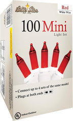 Brite Star 100 Count Mini String Christmas Lights, Red - 22 feet Indoor/Outdoor Christmas Tree Lights with White Wire
