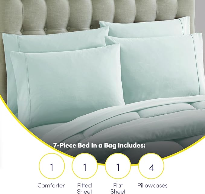 Sweet Home Collection 7 Piece Comforter Set Bag Solid Color All Season Soft Down Alternative Blanket & Luxurious Microfiber Bed Sheets, Aqua, Full