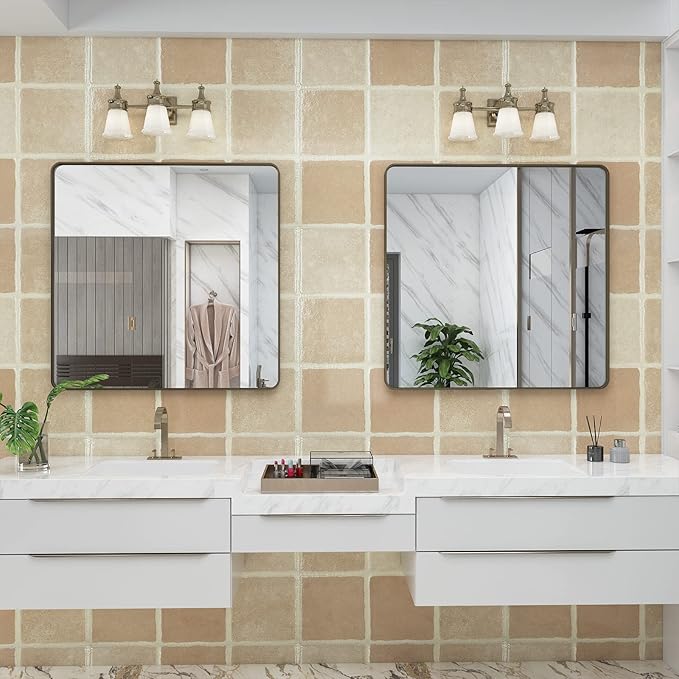 36x36 Square Bathroom Framed Mirror for Wall, Brushed Bronze Metal Bathroom Vanity Mirror, Rounded Rectangle Mirror, Anti-Rust, Tempered Shatterproof (Horizontal/Vertical)