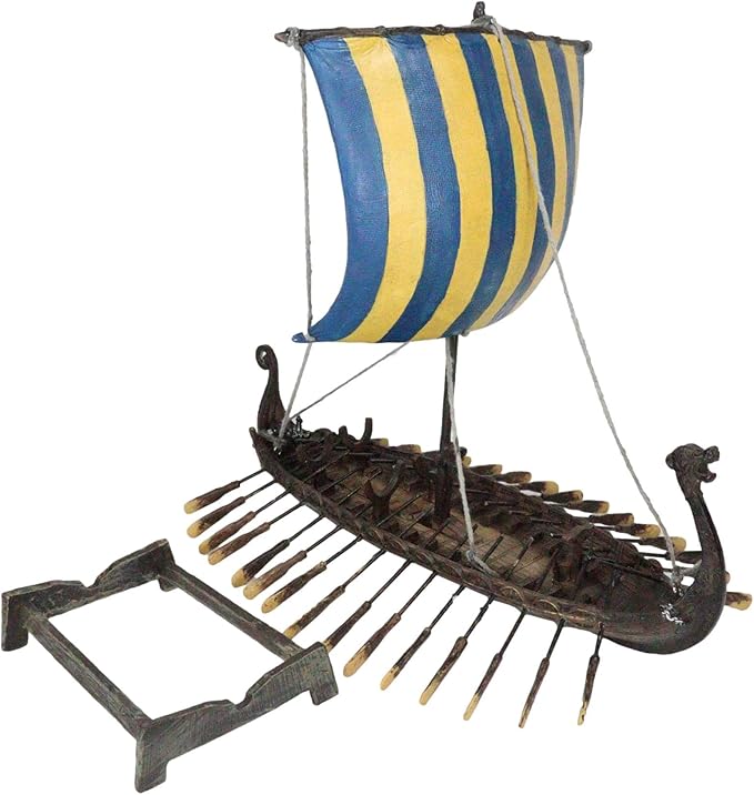 Ebros Gift Scandinavian Viking Norseman Dragon Gokstad Longship Model Ship Boat Resin Sculpture with Display Base Stand War Vessel Battle Ships Prototype Figurine