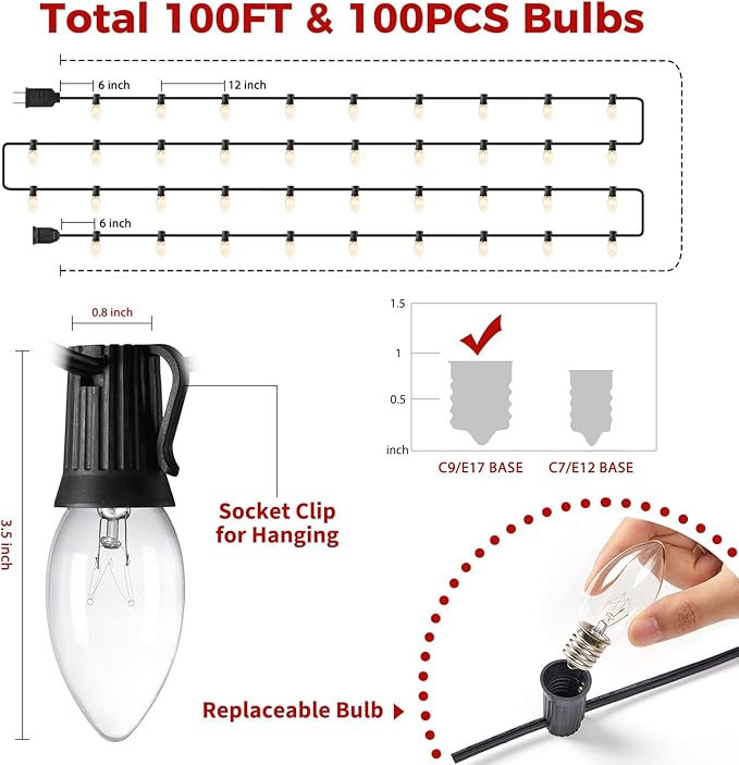 Brightown 100 Feet C9 Christmas String Lights, Outdoor Christmas Lights with 100 Clear C9 Light Bulbs for Outdoor Patio Room Party Backyard Christmas Decoration, Glass Bulb, Black Line