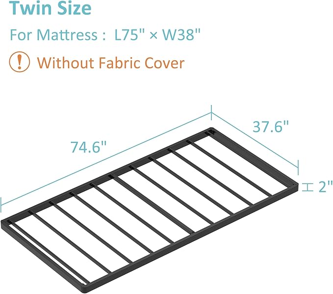 Twin Box Spring Bed Base 2 Inch, Low Profile Metal Boxspring Twin Bunkie Board 2 Inch, 2000 Lbs Max Weight Capacity Mattress Foundation, Noise-Free, Easy Assembly