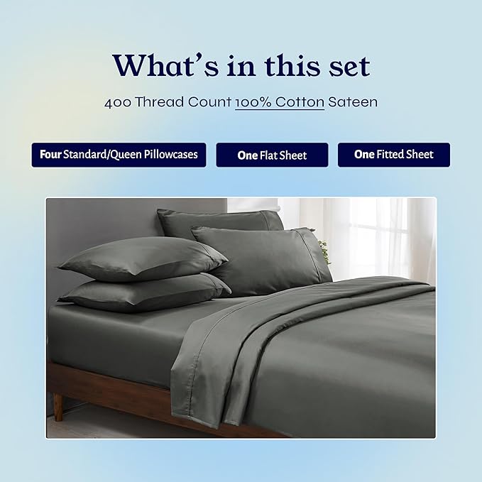 California Design Den 6-Pc Queen Size Sheet Set with 4 Pillowcases - 400 Thread Count 100% Cotton Sheets, Cooling Sateen Weave, Luxury Deep Pocket Bedsheets Set - Grey