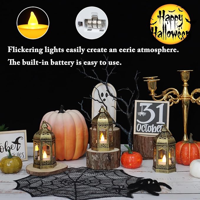 8Pcs 5-inch Mini Lanterns Centerpieces for Table, Baby Shower Decorations, Vintage Small Lantern for Halloween Decorations, Party Lights for Enchanted Forest Decorations, Wedding Decor, Brushed Brass
