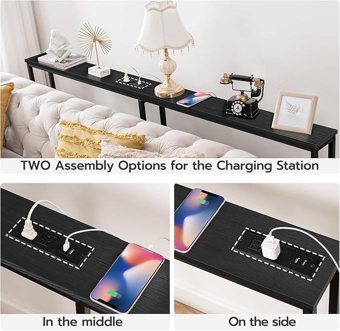 HOOBRO 70.9" Narrow Console Table with Charging Station, 5.9" Sofa Table with 2 Power Outlets and USB Ports, Long Entryway Tables Behind Couch Table, for Hallway, Living Room, Black BB185UXG01
