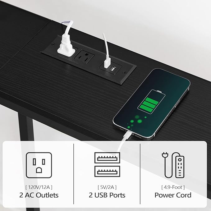 63" Console Table with Power Outlet, Narrow Sofa Industrial Entryway Behind Couch Table with USB Ports for Entryway, Hallway, Foyer, Living Room, Bedroom, Black CTHB16E01