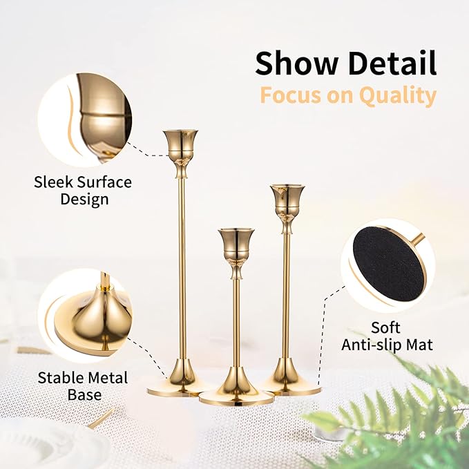 5 Sets(15 Pcs) Brass Gold Metal Taper Candle Holders Candlestick Holders, Vintage Modern Decorative Centerpiece Candlestick Holders for Table Mantel Wedding Housewarming Gift