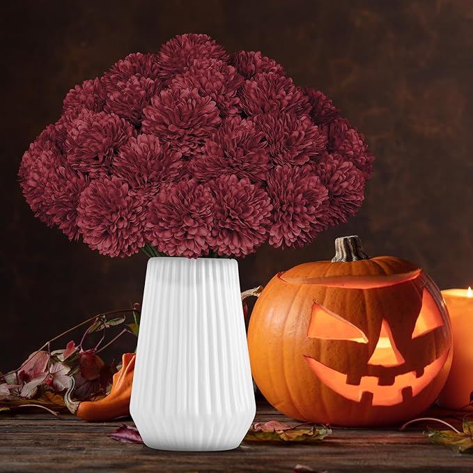 36 Pcs Burgundy Artificial Chrysanthemums Flowers Red Fake Mums Silk Ball Flowers for Fall Home Decor Wedding Table Centerpiece Christmas Floral Arrangements (Burgundy)