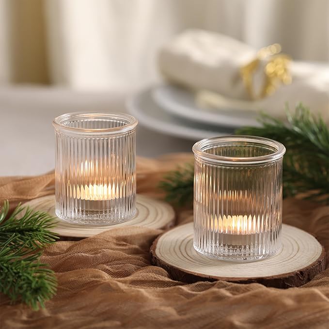 32Pcs Ribbed Votive Candle Holders, Clear Tea Light Candle Holder for Wedding Table Decor, Glass Candle Holder for Bridal Shower Decor, Home and Holiday Decor