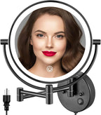 ALHAKIN 9" Wall Mounted Lighted Makeup Mirror, Large Rechargeable 1X/10X Magnifying Mirror with 3 Color Lights Dimmable, 360° Rotation, Nickel
