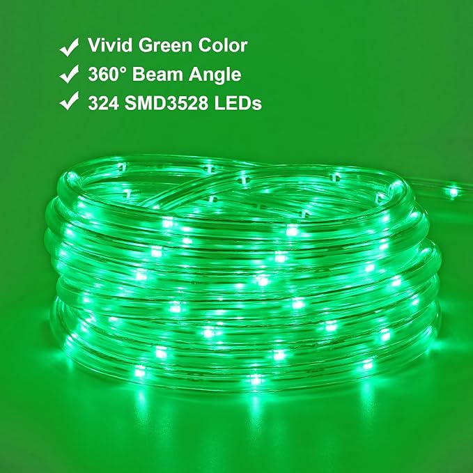 48ft Green LED Rope Lights Outdoor Waterproof - 324 LEDs Christmas Rope Lights, 120V ETL Certified, Connectable to 192ft, w/24 Mounting Clips & Screws - St. Patrick's Garden Decor