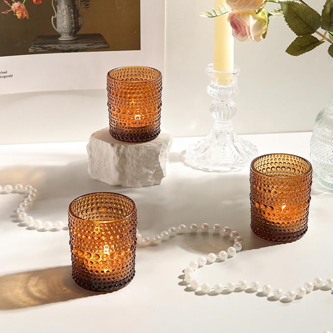 48pcs Amber Votive Candle Holders Votive Candles for Table, 2x2.5in Vintage Glass Small Tea Light Candles Holders for Candle Making Holder, Tealight Candle Holder for Wedding Centerpieces