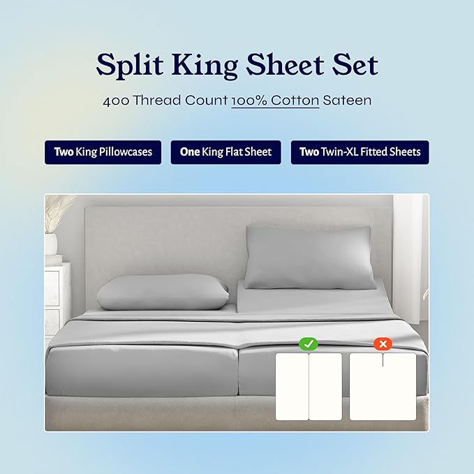 Split King Sheets for Adjustable Bed, Natural 100% Cotton Sheets, 400 Thread Count Sateen, Deep Pockets with All Around Elastic for a Snug Fit, Cool & Durable Bedding Set - Light Grey