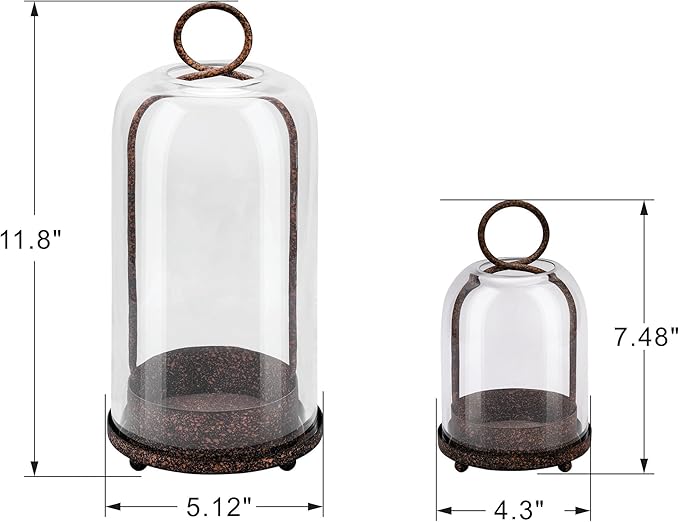 5" & 4" Wide Versatile Metal Candle Holder in Rustic Brown with Handmade Thick & Sturdy Glass Dome Cover for Pillar Candle & Plants, Farmhouse, Shabby Chic Style (2, Brown, Large & Small)