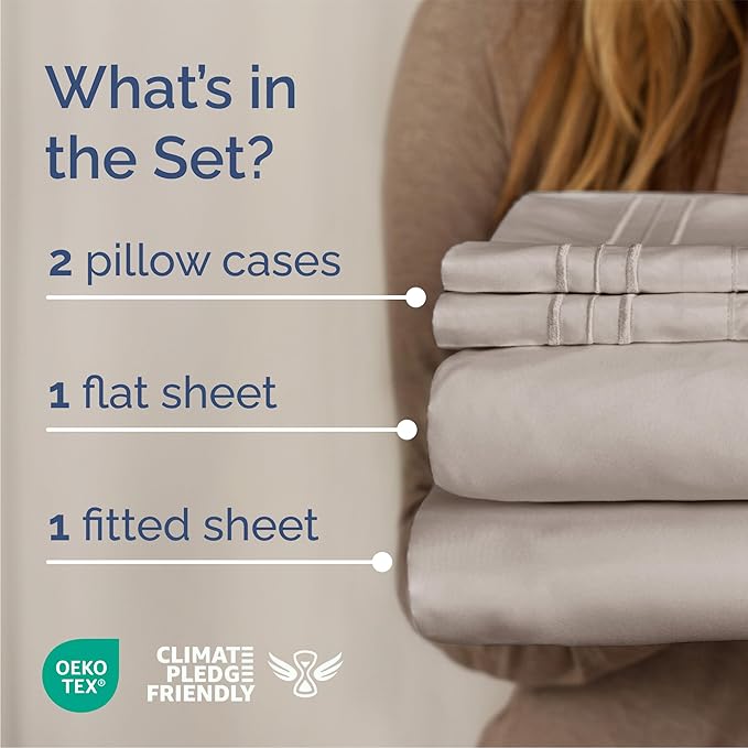 Queen Size 4 Piece Sheet Set - Comfy Breathable & Cooling Bed Sheets Set - Hotel Luxury Bedding for Women, Men, Kids, Teens, Boys & Girls - Deep Pockets, Soft and Wrinkle Free - Oeko-Tex - Light Grey