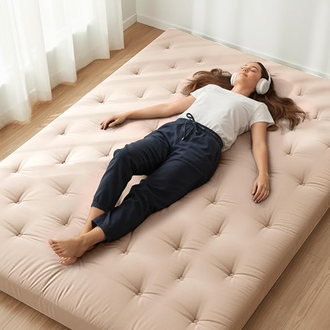 ZonLi Japanese Floor Futon Mattress Queen Size 80"x 60", 100% Cotton Cover 2.5'' Thicken Tatami Mattress, Foldable Sleeping Pad, Portable Dormitory Tatami Mat(Khaki)