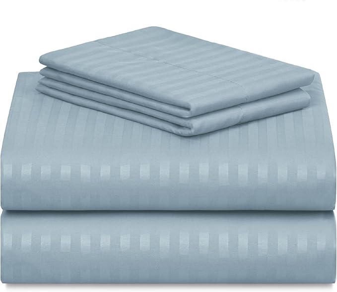 LuxClub 4 PC King Size Sheet Set Bed Sheets, Breathable Luxury Deep Pockets Wrinkle Free Cooling Sheets Machine Washable Hotel Bedding (King, Striped Light Blue)