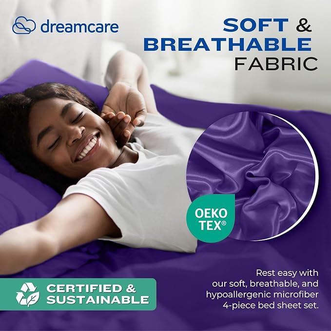 DREAMCARE King Size Sheets Set – 4 pcs Cooling Sheets – up to 21” Deep Pocket King Sheet Set – Hotel Luxury Sheets & Pillowcases – Superior Softness 100% Fine Microfiber with Side Pocket – Purple