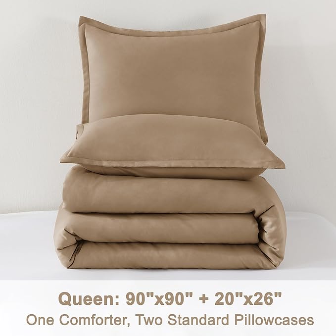 Litanika Taupe Comforter Set Queen Size, 3 Pieces Solid Bedding Comforter Set, All Season Fluffy Bed Set (90x90In Comforter & 2 Pillowcases)