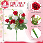 Zeyune 8 Pack 12 Inch Wedding Bouquets for Bride Bridesmaid Red and White Artificial Rose Bouquet Fake Silk Roses Flowers Bunches Bulk for Home Office Garden Parties Decoration