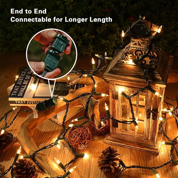 ODEETRONIC Christmas Lights, 21.63ft 100 Count Incandescent Clear Christmas Lights, UL Certified Outdoor Mini Clear Light Connectable, Green Wire Tree Light Indoor for Home Party Decor, Warm White
