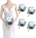 Artificial Bridesmaids Bouquets Set of 4 - 7 inch Silk Rose Bouquets for Bridesmaids, Pre-made Bridesmaid Flowers Small Bouquet for Wedding Vintage Country Bridal Shower Decorations -Dusty Blue