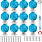 12 Pcs 30mm Round Shape Bubble Crystal Glass Cabinet Knobs with Screws Drawer Knob Pull Handle Used for Kitchen, Dresser, Door, Cupboard (Azure)