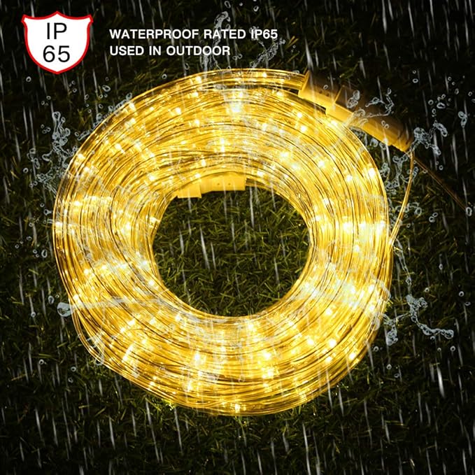 33ft LED Rope Lights, 110V 2 Wire Connectable Christmas Rope Lights Outdoor,240 LED Waterproof Indoor Outdoor Warm Rope Lights for Outside, Deck, Patio, Pool, Camping, Landscape Lighting (Warm White)