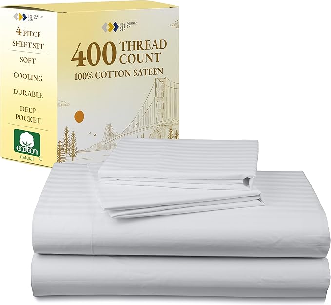 California Design Den Striped King Size Sheets Set - Soft 400 Thread Count Sateen, Natural 100% Cotton Sheets with Deep Pockets, Cooling and Durable Bedding Set - Striped White