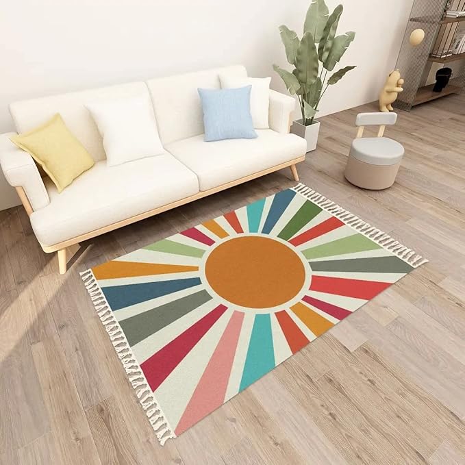 Retro Sun Boho Rug Colorful Cute Rainbow Area Carpet Non-Slip Throw Rugs Mat Pad Washable Floor Mat Minimalist Decor for Living Room Bedroom Kids Room Nursery Playroom Classroom Dorm 4'x6'