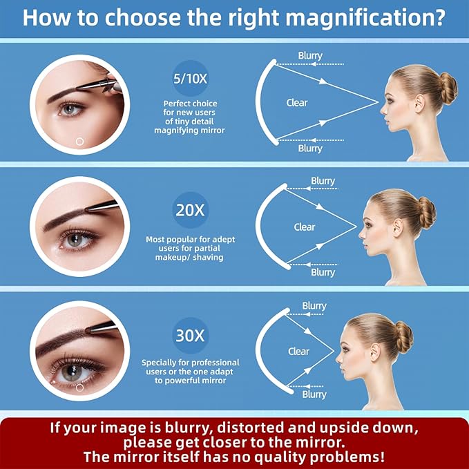 30x Magnifying Mirror with Light, Large 6" Rechargeable Lighted 30x Magnified Mirror with Suction Cups & Table Stand, 3 Color Modes Dimmable Light up Travel Magnifying Makeup Mirror High Magnification