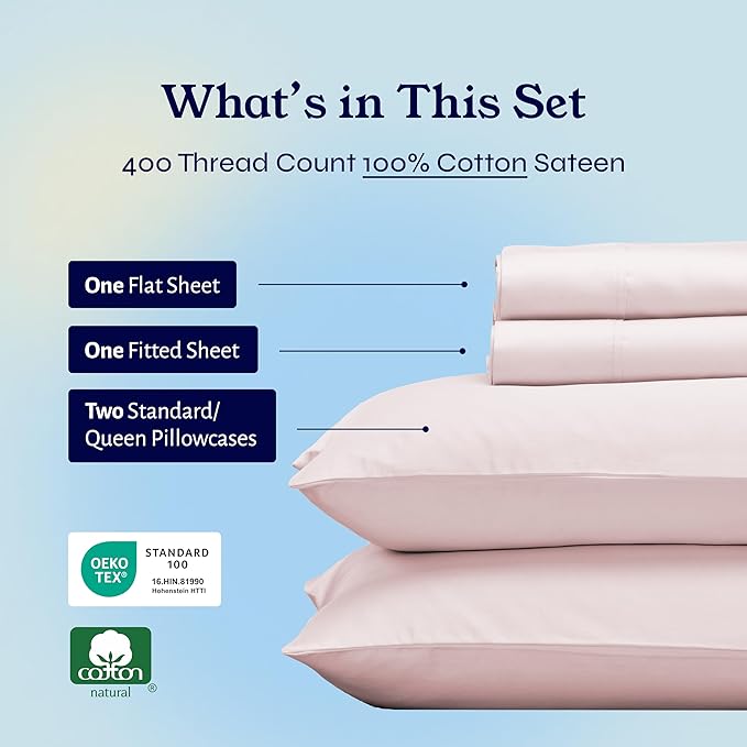 California Design Den Natural 100% Cotton Sheets, Soft Queen Sheet Set, 400 Thread Count Sateen, Deep Pockets with All-Around Elastic for a Snug Fit, Cool & Durable Bedding Set - Pink