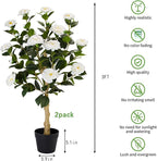 3FT Artificial Camellia Tree, 2 Pack Fake Camellia Tree Artificial Tree, Faux Floral Plants in Cement Pot, Greenery Potted Plant for Indoor Outdoor Home Office Porch Decor (White)