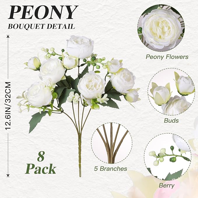 Luyue 8 Packs Peonies Artificial Flowers Vintage Faux Peony Bouquet Fake Flower for Vase Silk Floral Arrangements for Table Centerpiece Wedding Decoration Indoor Home Decor