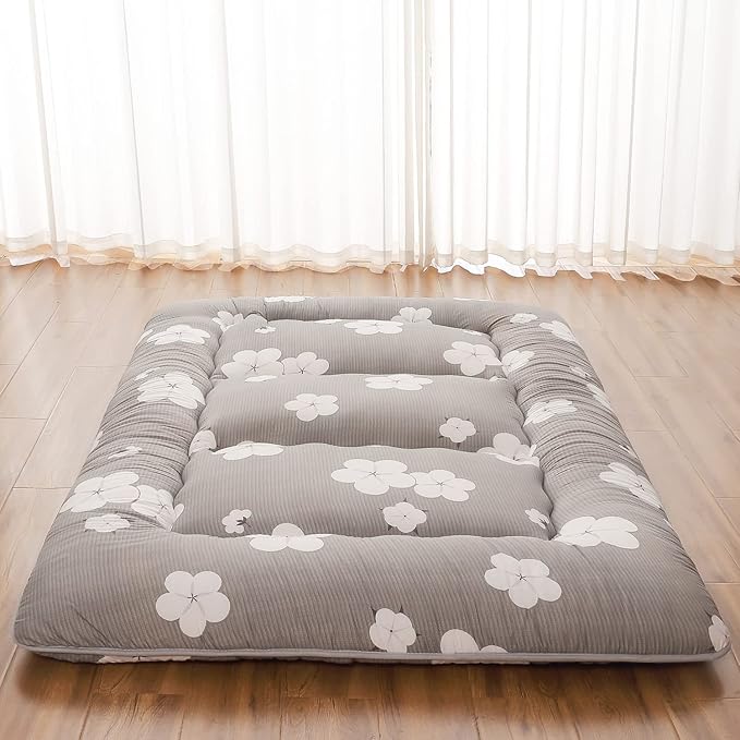 Japanese Floor Mattress, Futon Mattress with Portable Storage Bag and Washable Cover, Roll Up Thick Tatami Mat Suitable for Camping, Guest Room, Grey Cotton, Queen