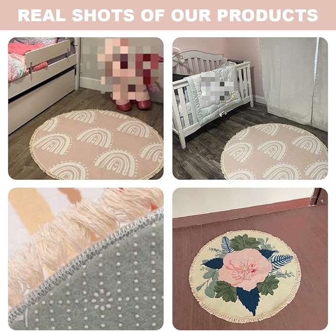 Woodland Animals Round Rugs Flower Crown Rabbit Barn Animal Boho Area Rug in Pastel Color Linen and Cotton Carpet Nursery Rug Washable Hallway Runner Mat Accent Rug for Bedroom Powder Room 6ft