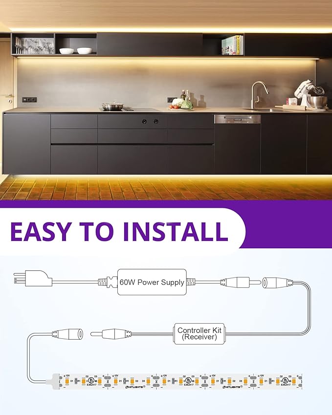 HitLights Warm White LED Strip Lights Kit 3000K, 16.4ft Dimmable Tape Light with Controller, 12V Power Supply, 600 LEDs/Reel, 300LM/Feet, Flexible Rope Lights for Bedroom, Under Cabinet, UL-Listed