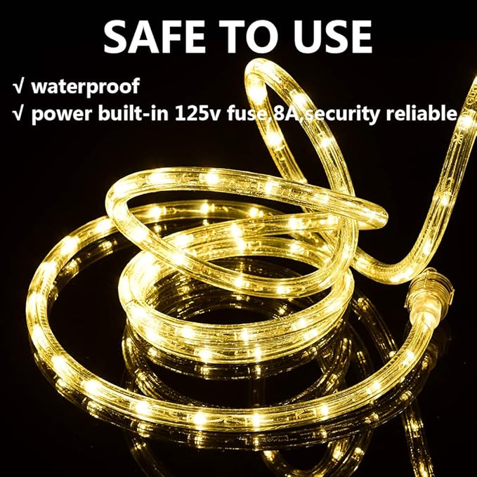 50ft/15m Plug in LED Rope Lights, 540 Warm White LEDs, 110V, Waterproof, Connectable,Power Socket Connector Fuse Holder, Indoor/Outdoor Use, Ideal for Backyards, Decorative Lighting
